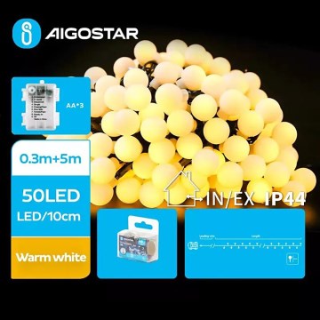 Aigostar - LED Kerst lichtsnoer voor buiten 50xLED/3xAA/8 Functies 5,3 m IP44 warm wit