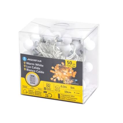 Aigostar - LED Kerst lichtsnoer voor buiten 50xLED/3xAA/8 Functies 5,3 m IP44 warm wit