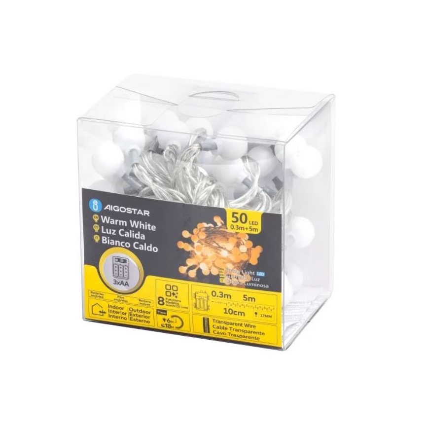 Aigostar - LED Kerst lichtsnoer voor buiten 50xLED/3xAA/8 Functies 5,3 m IP44 warm wit