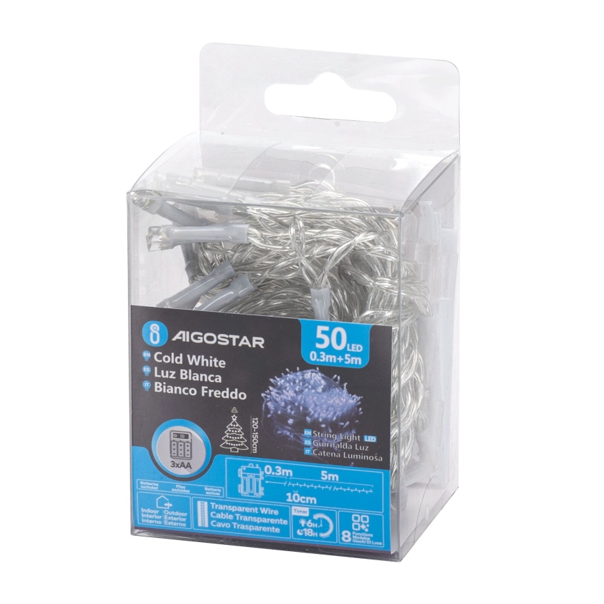 Aigostar -LED Kerst lichtsnoer voor buiten 50xLED/8 Functies 3xAA 5,3m IP44 koud wit