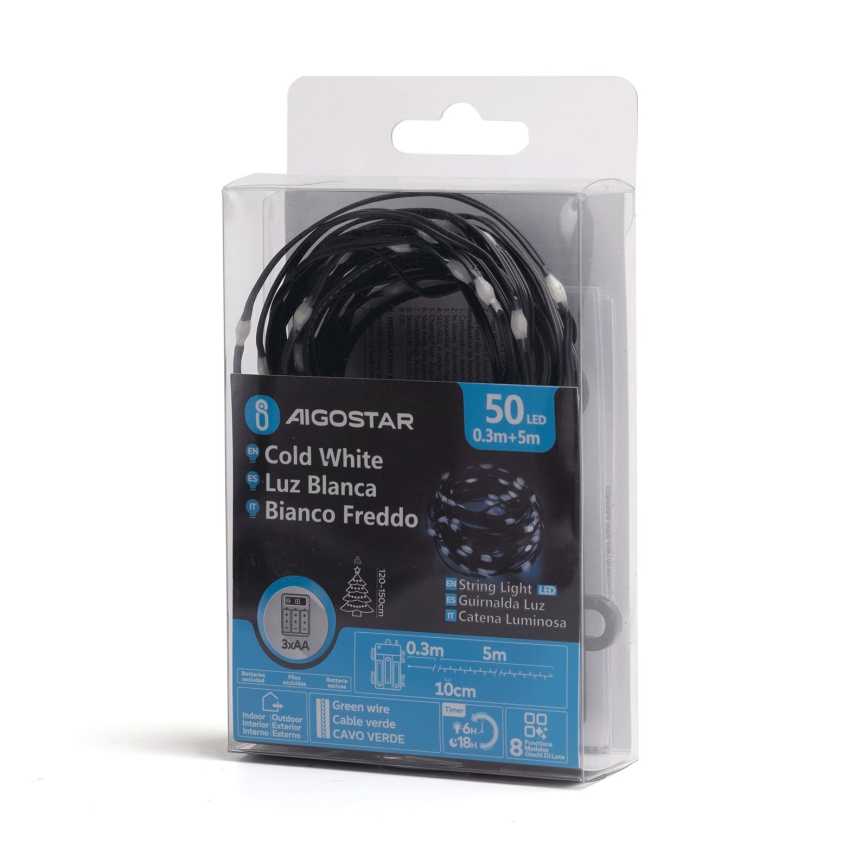 Aigostar -LED Kerst lichtsnoer voor buiten 50xLED/8 Functies 3xAA 5,3m IP44 koud wit