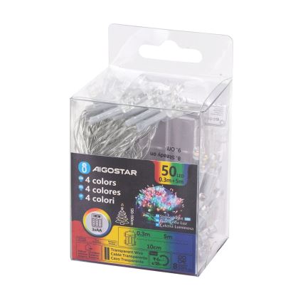 Aigostar - LED Kerst lichtsnoer voor buiten 50xLED/8 Functies 3xAA 5,3m IP44 Meerdere kleuren