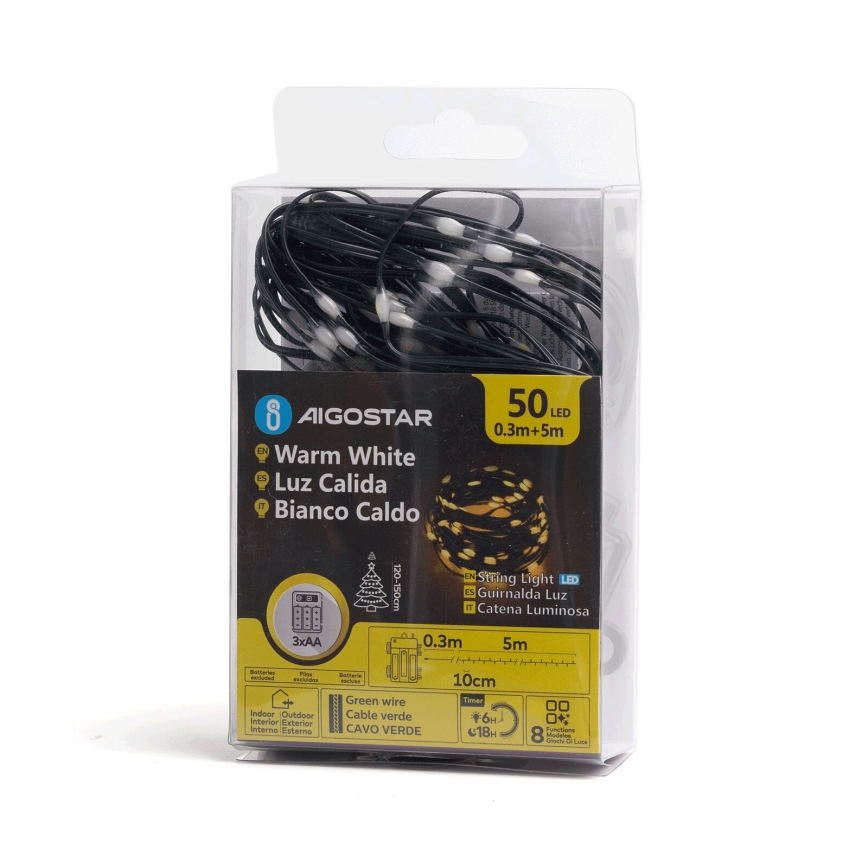 Aigostar - LED Kerst lichtsnoer voor buiten 50xLED/8 Functies 3xAA 5,3m IP44 warm wit
