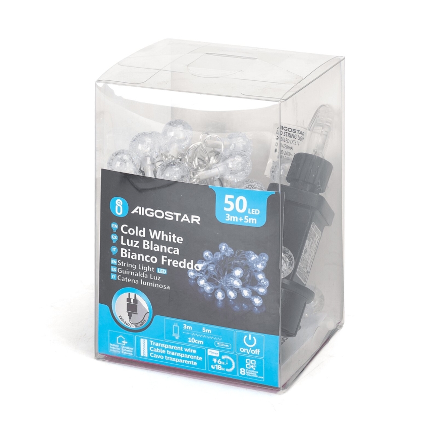Aigostar - LED Kerst lichtsnoer voor buiten 50xLED/8 Functies 8m IP44 koud wit