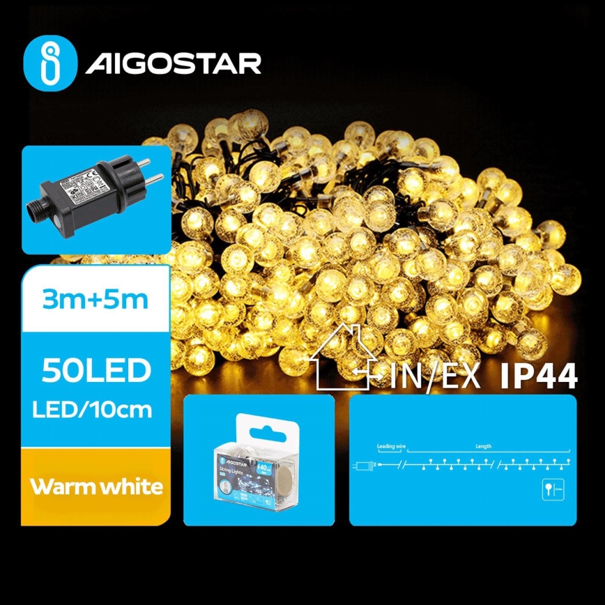 Aigostar - LED Kerst lichtsnoer voor buiten 50xLED/8 Functies 8m IP44 warm wit