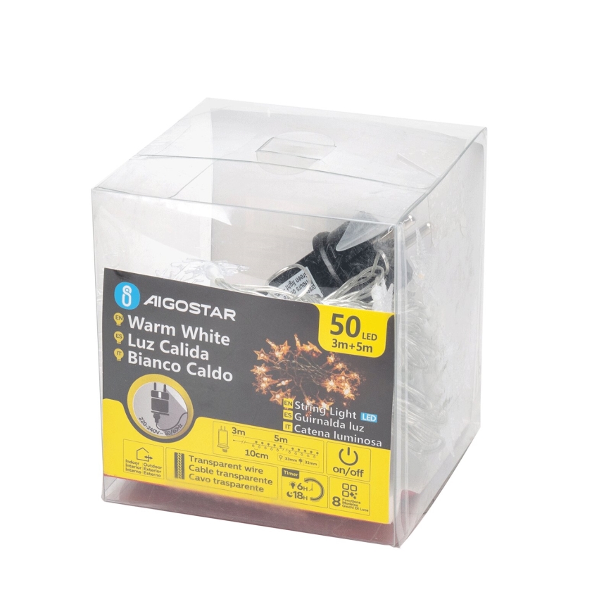 Aigostar - LED Kerst lichtsnoer voor buiten 50xLED/8 Functies 8m IP44 warm wit