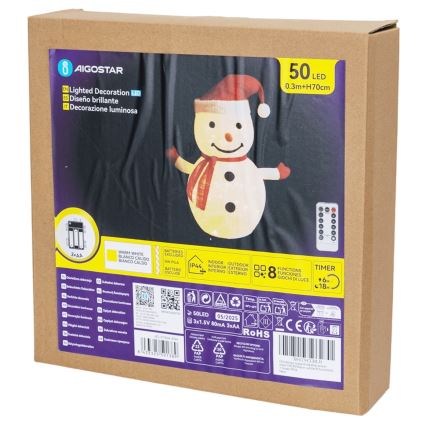 Aigostar - LED kerst-sneeuwman voor buiten 50xLED/3xAA 0,7m IP44 + afstandsbediening
