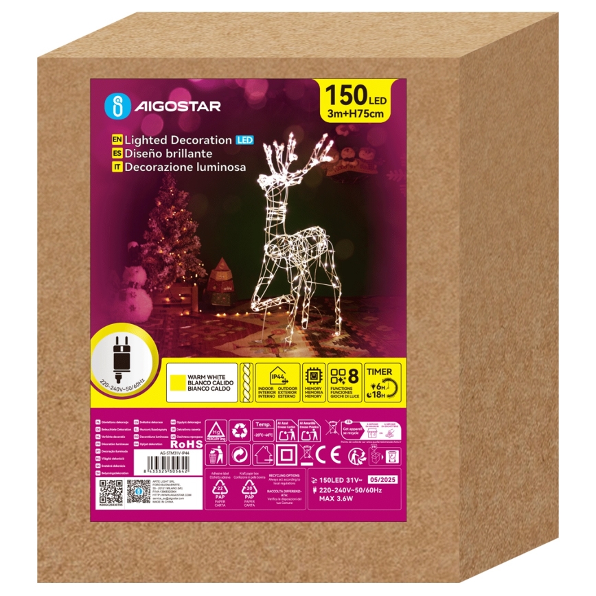 Aigostar - LED Kerstdecoratie voor buiten LED/3,6W/31/230V 2700K 75 cm IP44 rendier