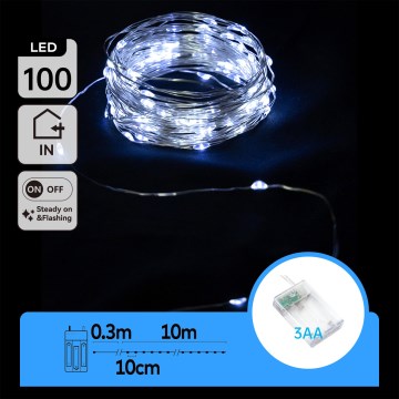Aigostar - LED-kerstlichtsnoer 100xLED/3xAA 10,3m koud wit