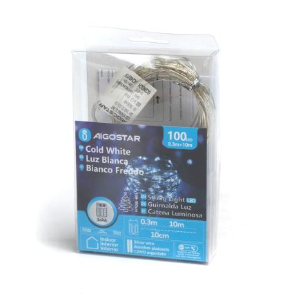Aigostar - LED-kerstlichtsnoer 100xLED/3xAA 10,3m koud wit