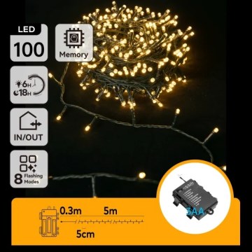 Aigostar - LED kerstlichtsnoer voor buiten 100x LED / 8 functies 3xAA 5,3 m IP44 warm wit