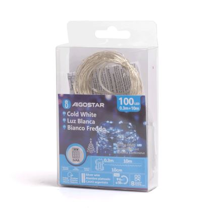 Aigostar - LED buiten kerstverlichting 100xLED/8 functies/3xAA 10,3m IP44 koud wit