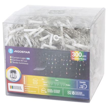 Aigostar - LED buiten kerstslinger 300xLED/8 functies 3xAA 18x0,6 m IP44 meerkleurig