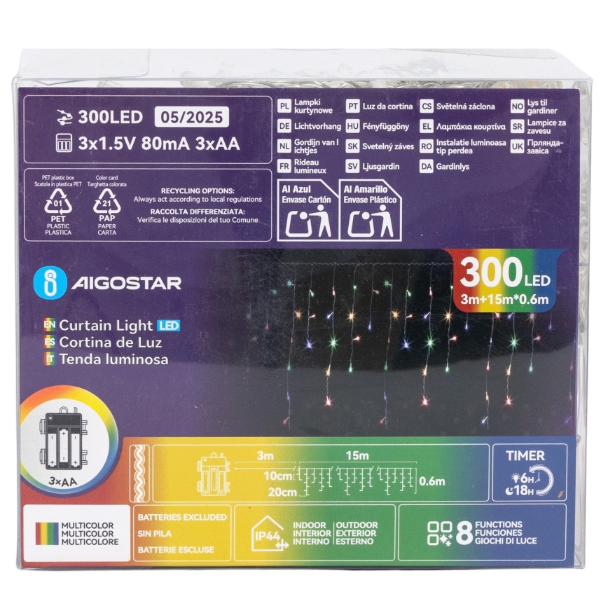 Aigostar - LED buiten kerstslinger 300xLED/8 functies 3xAA 18x0,6 m IP44 meerkleurig