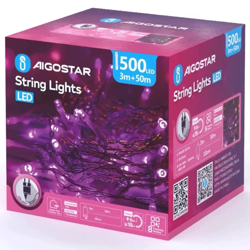 Aigostar - LED kerstsnoer voor buiten 500xLED/8 functies 53m IP44 roze