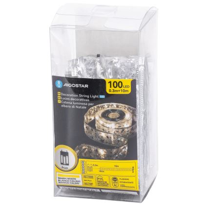 Aigostar - LED kerstsnoer 100x LED/3xAA 10 m warm wit zilver