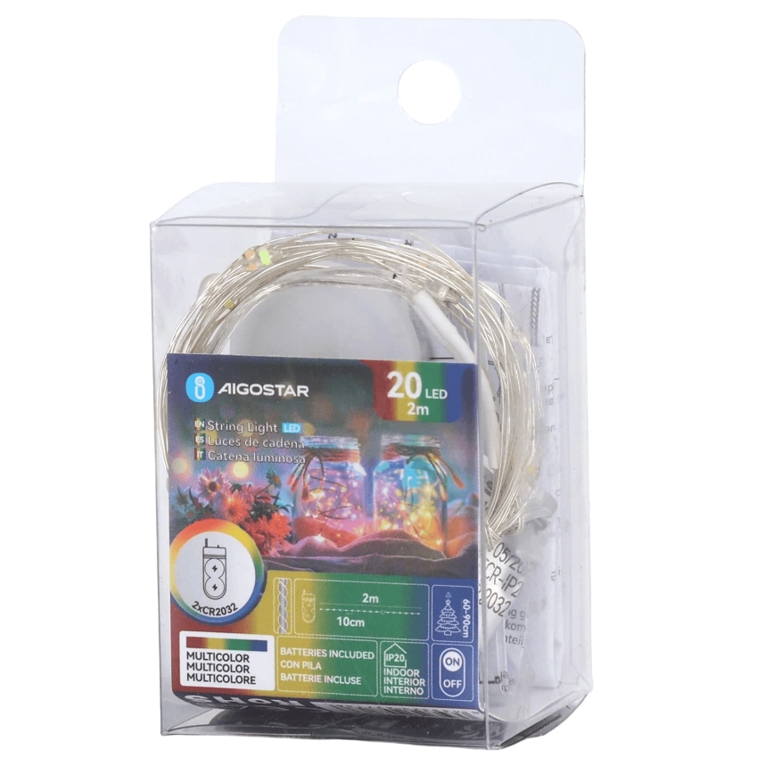 Aigostar - LED kerstslinger 20xLED/2xCR2032 2m meerkleurig