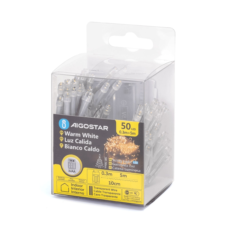 Aigostar - LED kerstslinger 50xLED/3xAA 5,3m warm wit