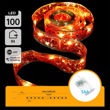 Aigostar - LED-kerstsnoer 100xLED/3xAA 10 m warm wit rood