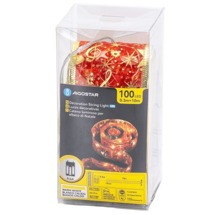 Aigostar - LED kerstlichtsnoer 100xLED/3xAA 10 m warm wit en rood