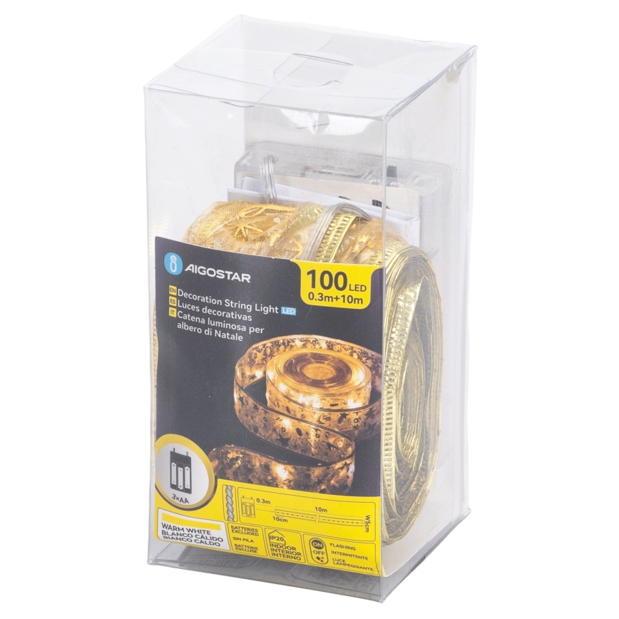 Aigostar - LED-kerstsnoer 100xLED/3xAA 10 m warm wit goudkleurig