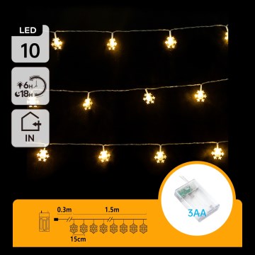 Aigostar - LED kerstsnoer 10xLED/3xAA 1,5m warm wit met sneeuwvlokken