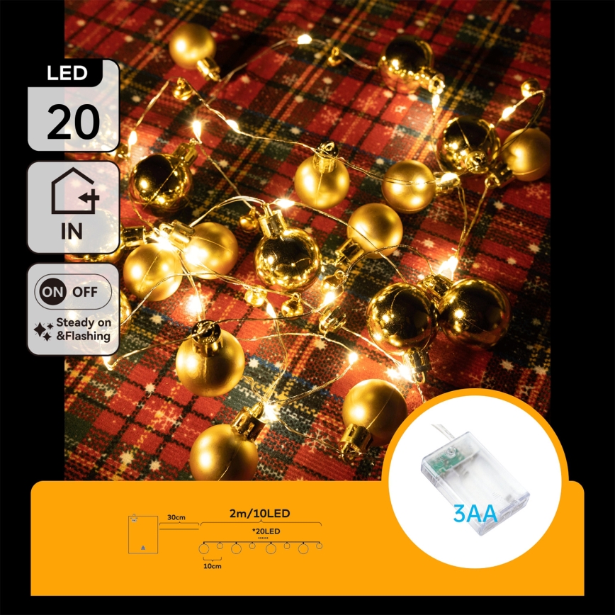 Aigostar - LED-kerstsnoer 20xLED/3xAA 2 m warm wit