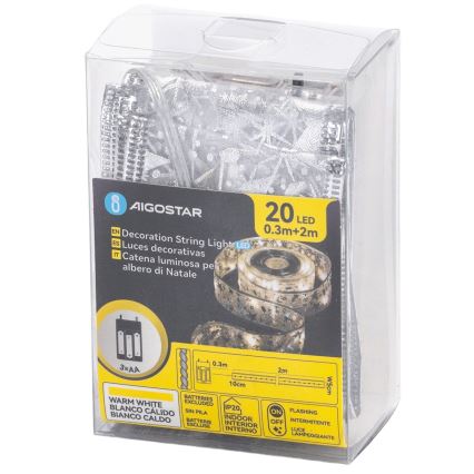 Aigostar - LED kerstverlichting 20xLED/3xAA 2 m warm wit zilver