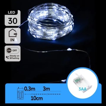 Aigostar - LED-kerstsnoer 30xLED/3xAA 3,3 m koud wit