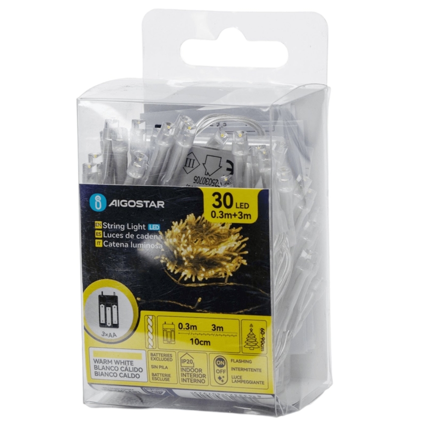 Aigostar - LED kerstsnoer 30xLED/3xAA 3,3m warm wit