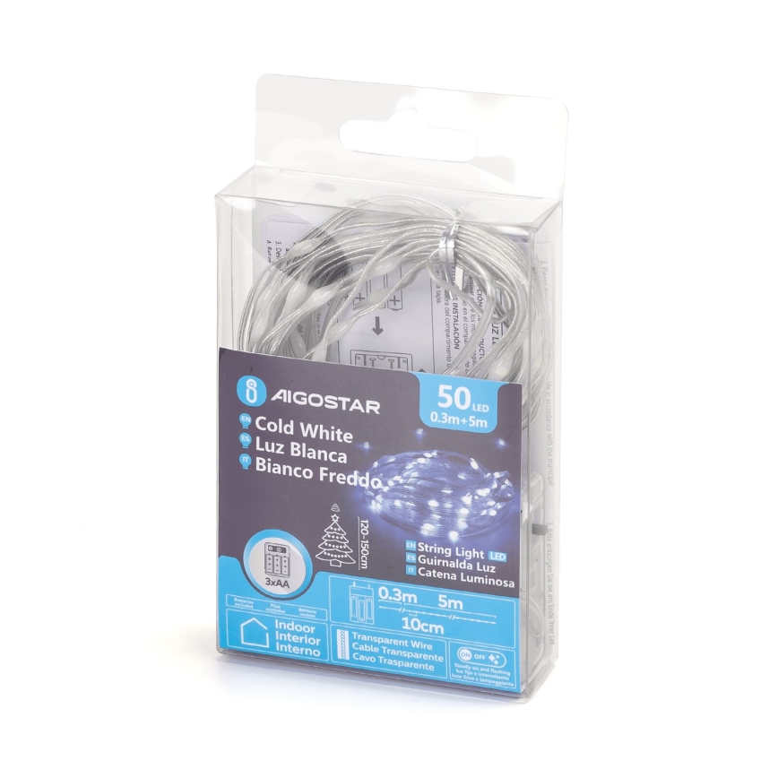 Aigostar - LED-kerstsnoer 50xLED/3xAA 5,3m koud wit