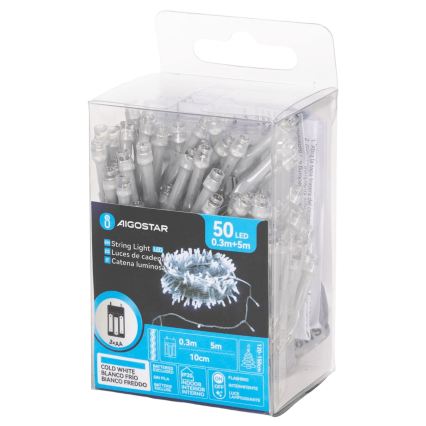 Aigostar - LED kerstsnoer 50xLED/3xAA 5,3m koud wit
