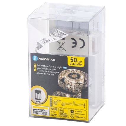 Aigostar - LED-kerstverlichting 50xLED/3xAA 5 m warm wit zilver