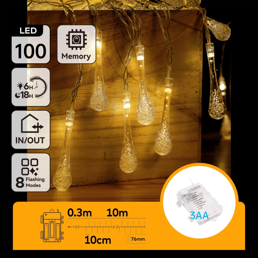 Aigostar - LED kerstsnoer voor buiten 100xLED/8 functies 3xAA 10 m IP44 warm wit druppels