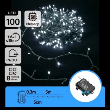 Aigostar - LED-kerstsnoer voor buiten 100xLED/8 functies 3xAA 5,3 m IP44 koud wit