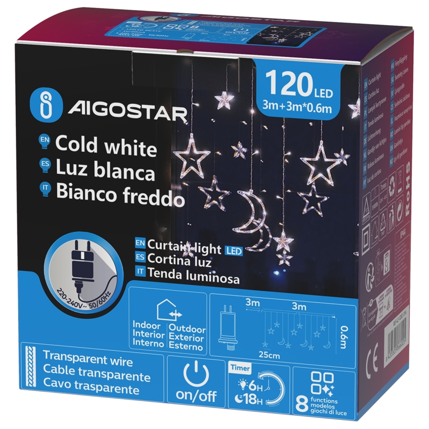 Aigostar - LED buiten kerstsnoer 120xLED/6W/230V/8 functies 3x0,6m IP44 koud wit + afstandsbediening