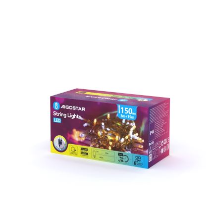 Aigostar - LED buiten kerstsnoer 150xLED/8 functies 18m IP44 warm wit/koud wit