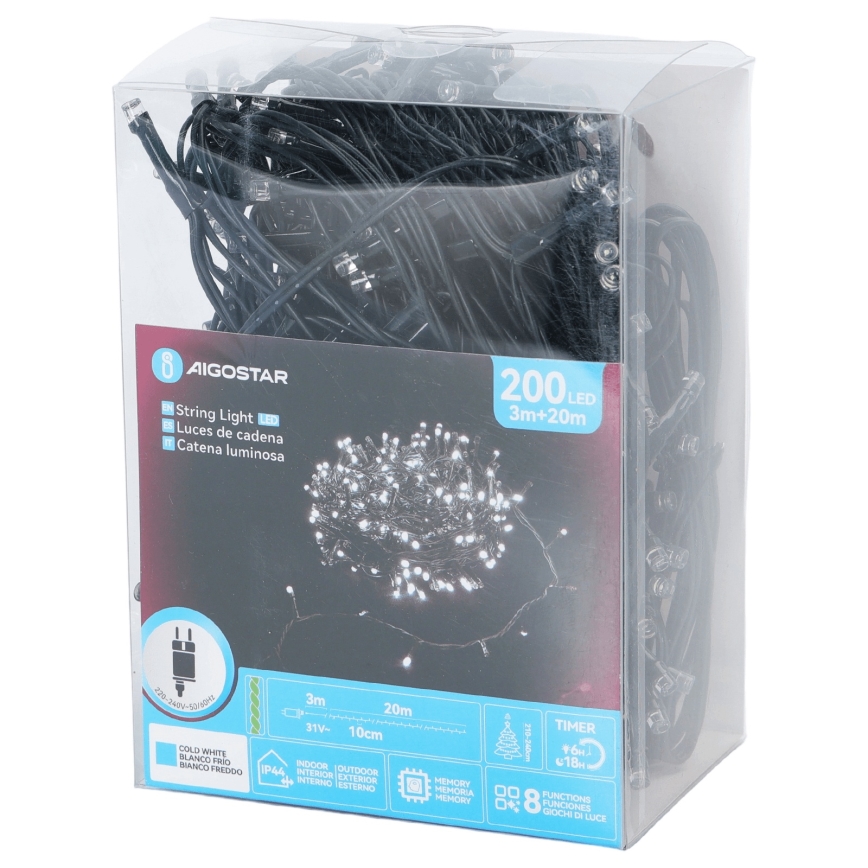 Aigostar - LED buiten kerstverlichting 200xLED/8 functies 20m IP44 koud wit