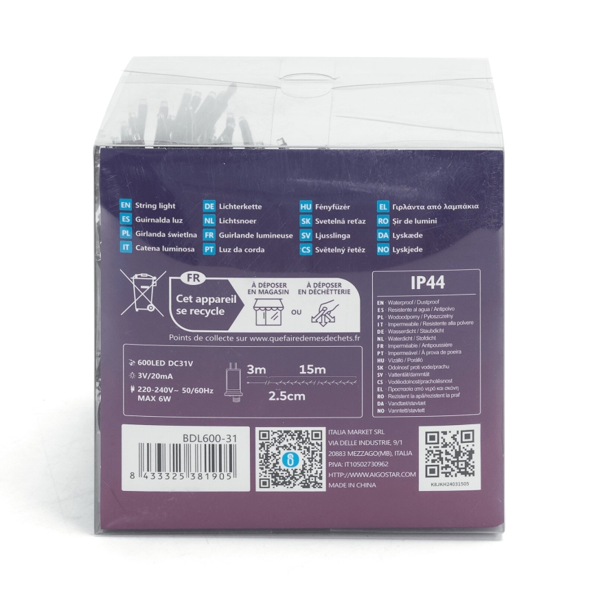 Aigostar - LED kerstsnoer voor buiten 600xLED/8 functies 18m IP44 koel wit