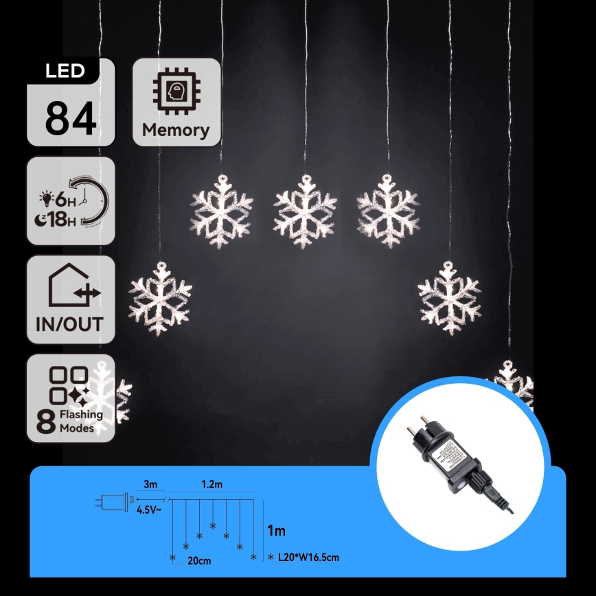 Aigostar - LED-kerstsnoer voor buiten 84xLED/8 functies 1,2x1m IP44 koud wit sneeuwvlokken