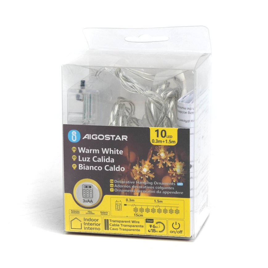 Aigostar - LED kerstverlichting 10xLED/3xAA 1,5m warm wit sneeuwvlokken