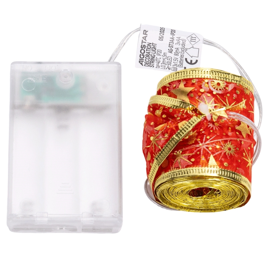 Aigostar - LED kerstverlichting 50xLED/3xAA 5m warm wit, rood