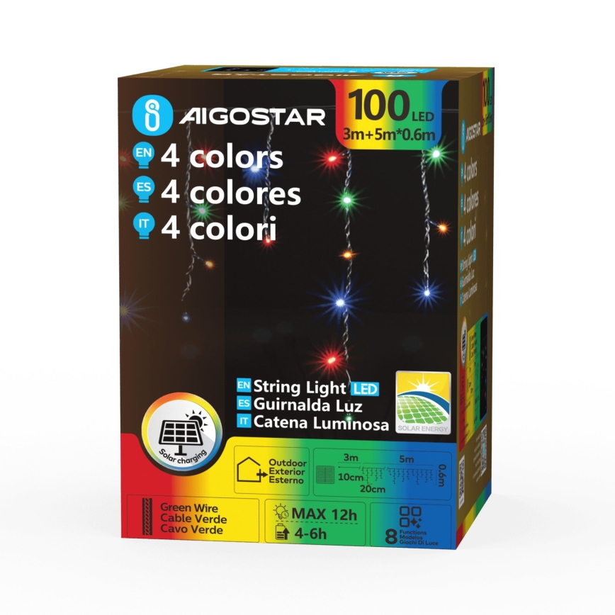 Aigostar - LED zonne-kerstverlichting 100xLED/8 functies 8x0,6m 800 mAh IP65 meerkleurig