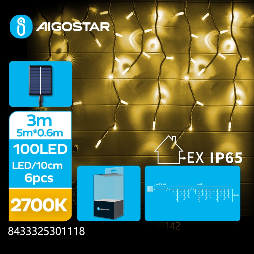 Aigostar - LED-kerstsnoer op zonne-energie 100xLED/8 functies 8x0,6m 800 mAh IP65 warm wit