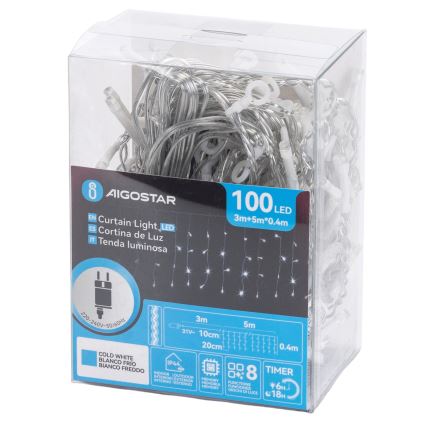 Aigostar - LED kerstverlichting voor buiten 100xLED/8 functies 5x0,4m IP44 koud wit