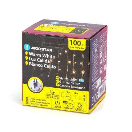 Aigostar - LED kerstverlichting voor buiten 100xLED/8 functies 8x0,4m IP44 warm wit