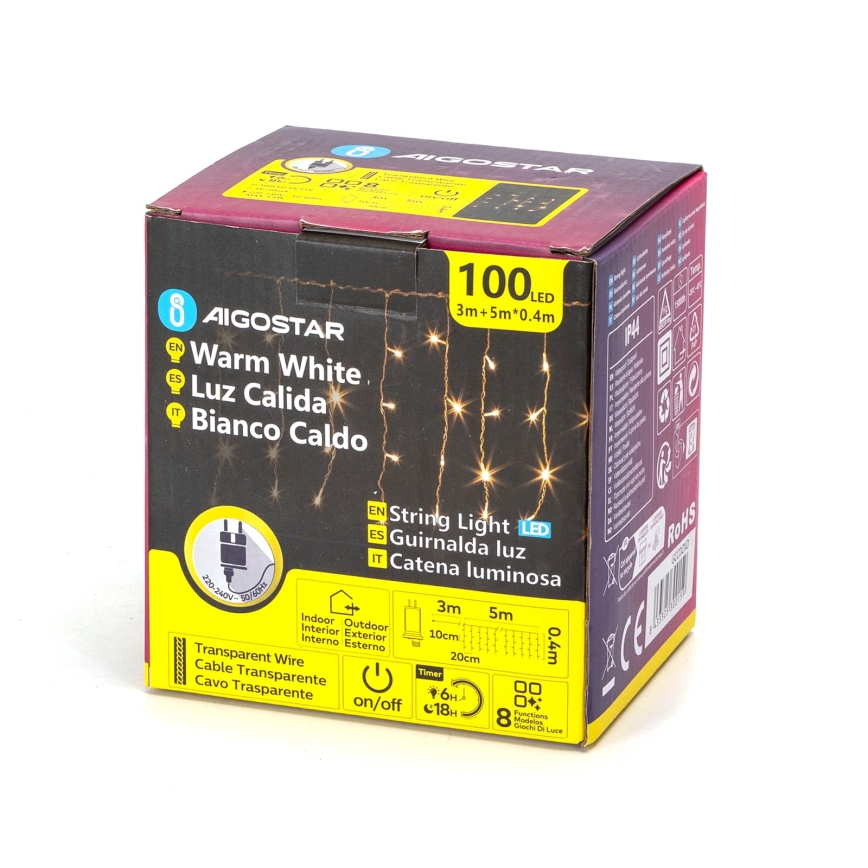 Aigostar - LED kerstverlichting voor buiten 100xLED/8 functies 8x0,4m IP44 warm wit