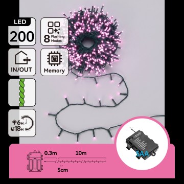 Aigostar - LED kerstverlichting voor buiten 200xLED/8 functies 3xAA 10,3m IP44 roze