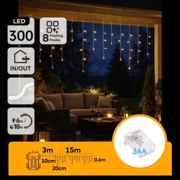 Aigostar - LED kerstverlichting voor buiten 300xLED/8 functies 3xAA 18x0,6 m IP44 warm wit