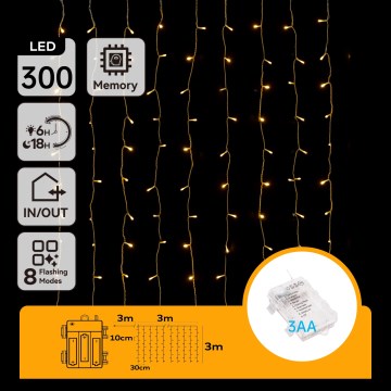 Aigostar - LED kerstverlichting voor buiten 300xLED/8 functies 3xAA 6x3m IP44 warm wit